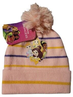 NWT Knit Cap Hat Disney Pink Princess Berkshire Fashions Beanie Pom Pom Glitter